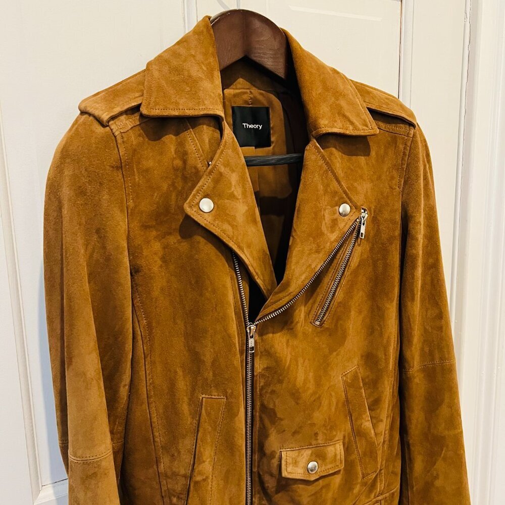 Theory Suede Goat Leather Womens Cognac Brown Tan Bike Jacket Coat Size Small - Picture 6 of 16